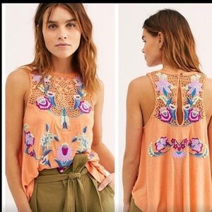 Free People Orange Embroidered Blouse